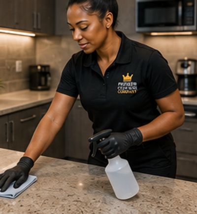 Woman cleaning a kitchen countertop with spray and cloth.