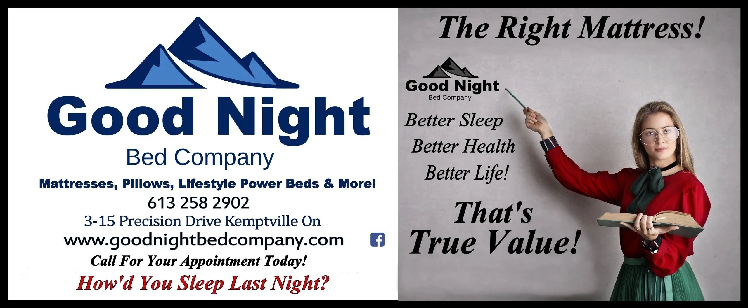 Good Night Bed Company mattress ad with a teacher pointing to benefits.