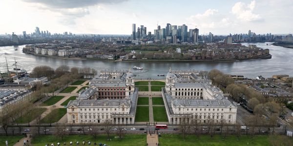 A rarely seen view of Greenwich Naval College and the Isle of Dogs over the River Thames. Gorgeous. 