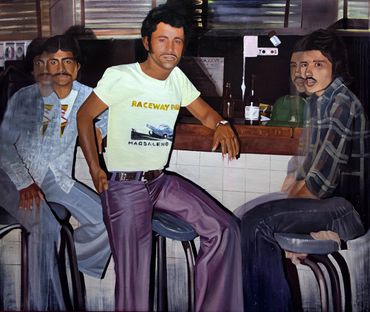 Group of men sitting on stools at a bar with retro 70s fashion.