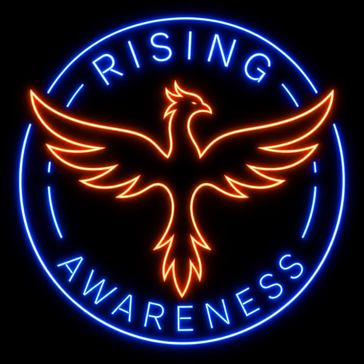 Neon sign of a phoenix with the words 'Rising Awareness'