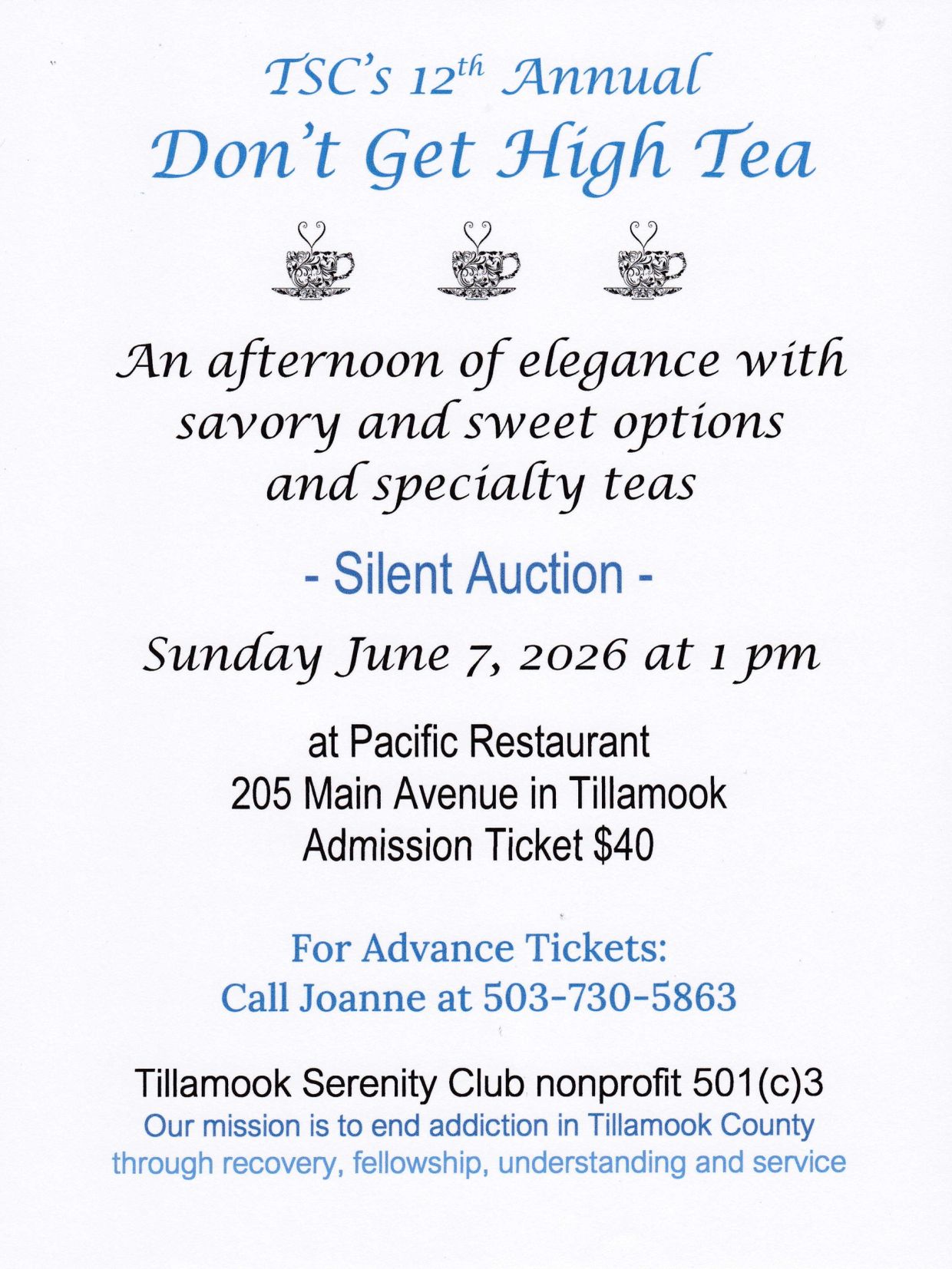 Flyer for TSC's 12th Annual Don't Get High Tea event with silent auction