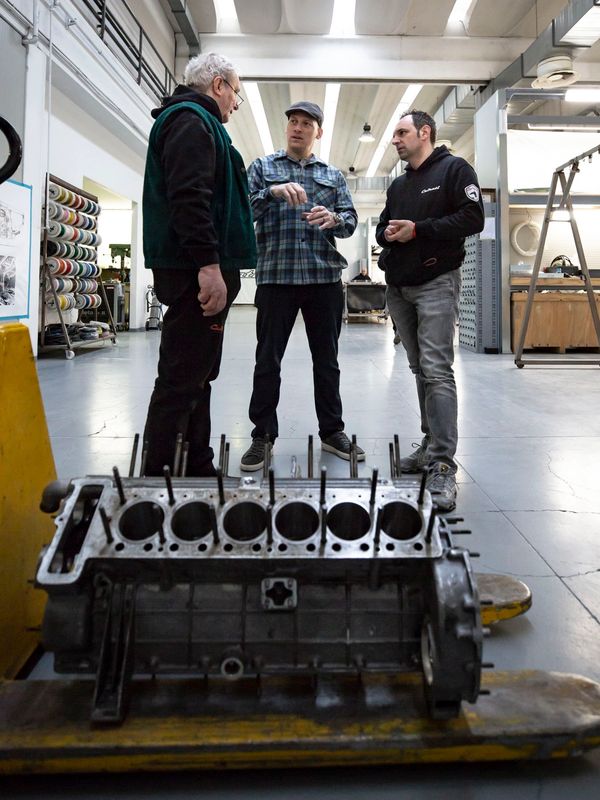 Vince Finaldi, Massimo Cairati and Roberto Cairati, discussing Lamborghini Miura Restoration.