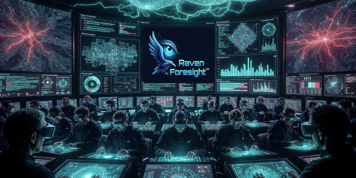 Futuristic team using VR technology in a high-tech control room with holographic data displays.