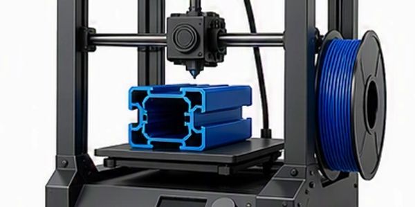 3D printer creating a blue object with spool of filament.