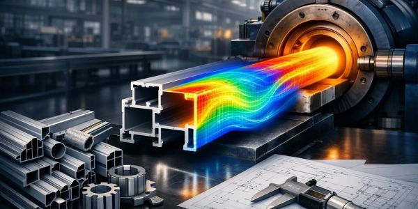 Visualization of heat or fluid flow through a metal extrusion process.