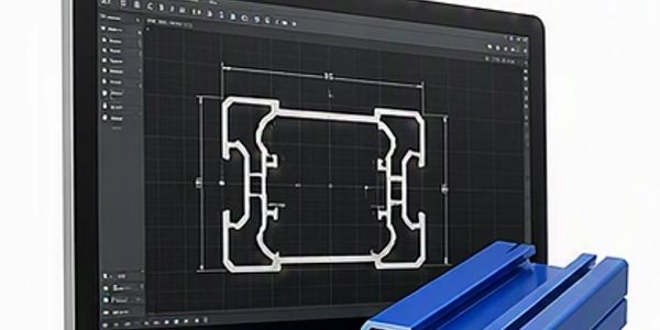 3D metal profile and its CAD design on a computer screen.