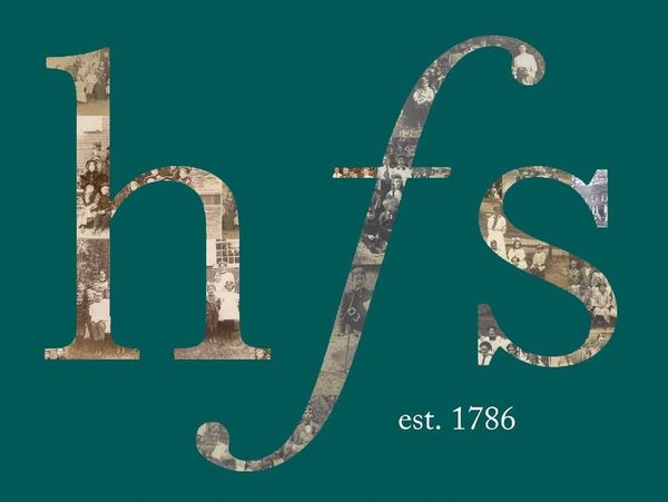 Logo of HFS with vintage photos inside letters, established 1786.