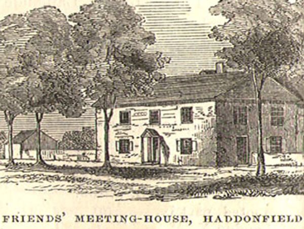 Sketch of Friends' Meeting-House in Haddonfield with trees around.