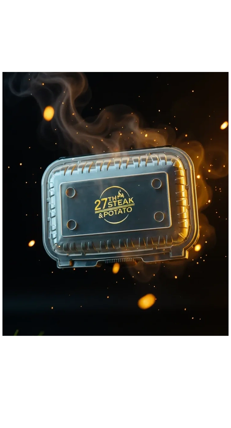 Steaming takeout container from 27th Steak & Potato with smoky ambiance.