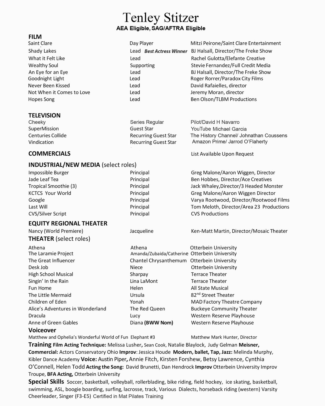 Resume of actress Tenley Stitzer showcasing film, television, theater, and special skills.