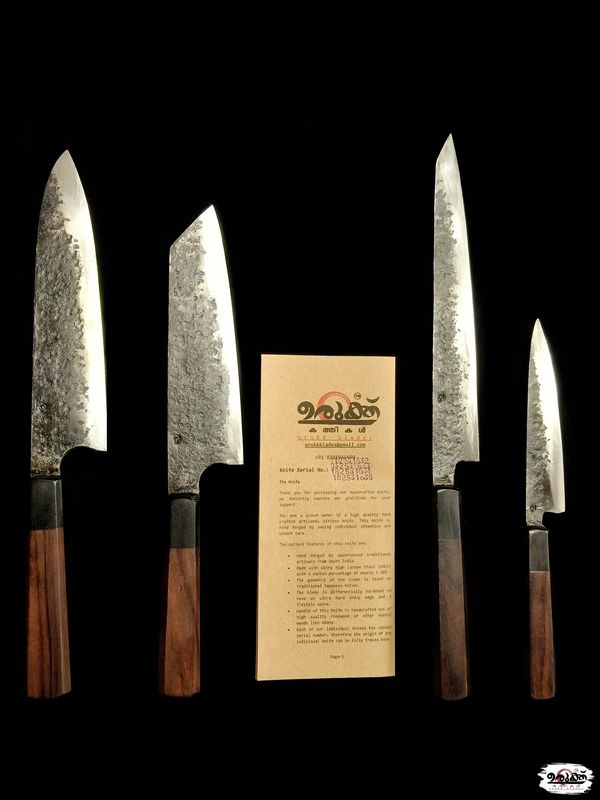 Set of four artisanal kitchen knives with wooden handles and a certificate on a black background.