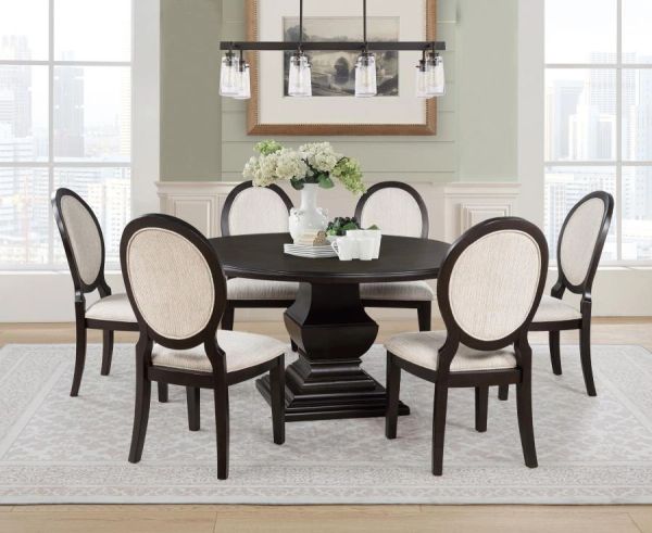 Elegant dining room set with a dark round table and six upholstered chairs.