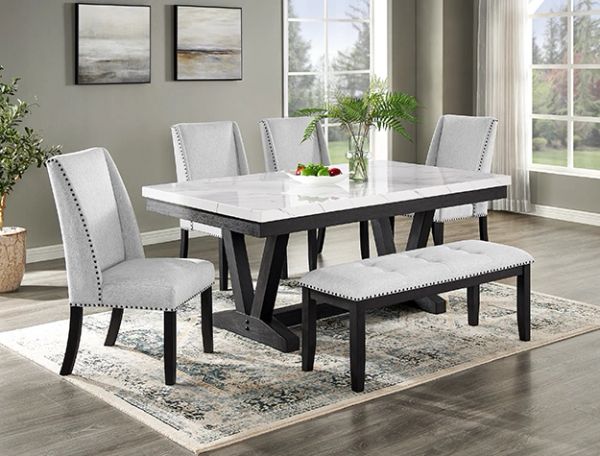 Modern dining set with gray upholstered chairs and bench around a white marble table.
