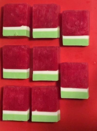 My first batch of watermelon soap which I gave to my coworkers. Who all seemed to love it. 