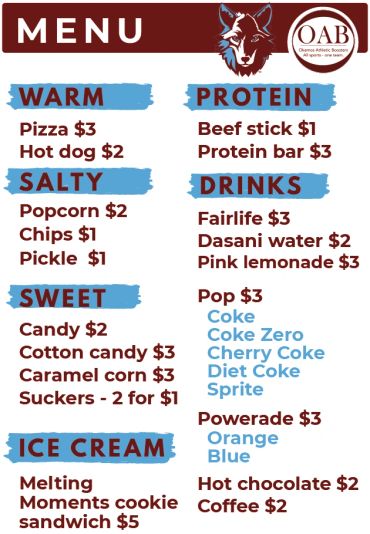Sports concession menu with snacks, drinks, and protein items.