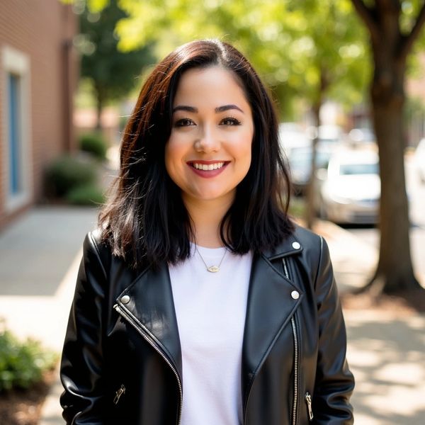 Smiling woman in a leather jacket outdoors.