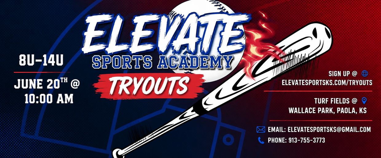 Elevate Sports Academy baseball tryouts for ages 8U-14U on June 20th at 10 AM.