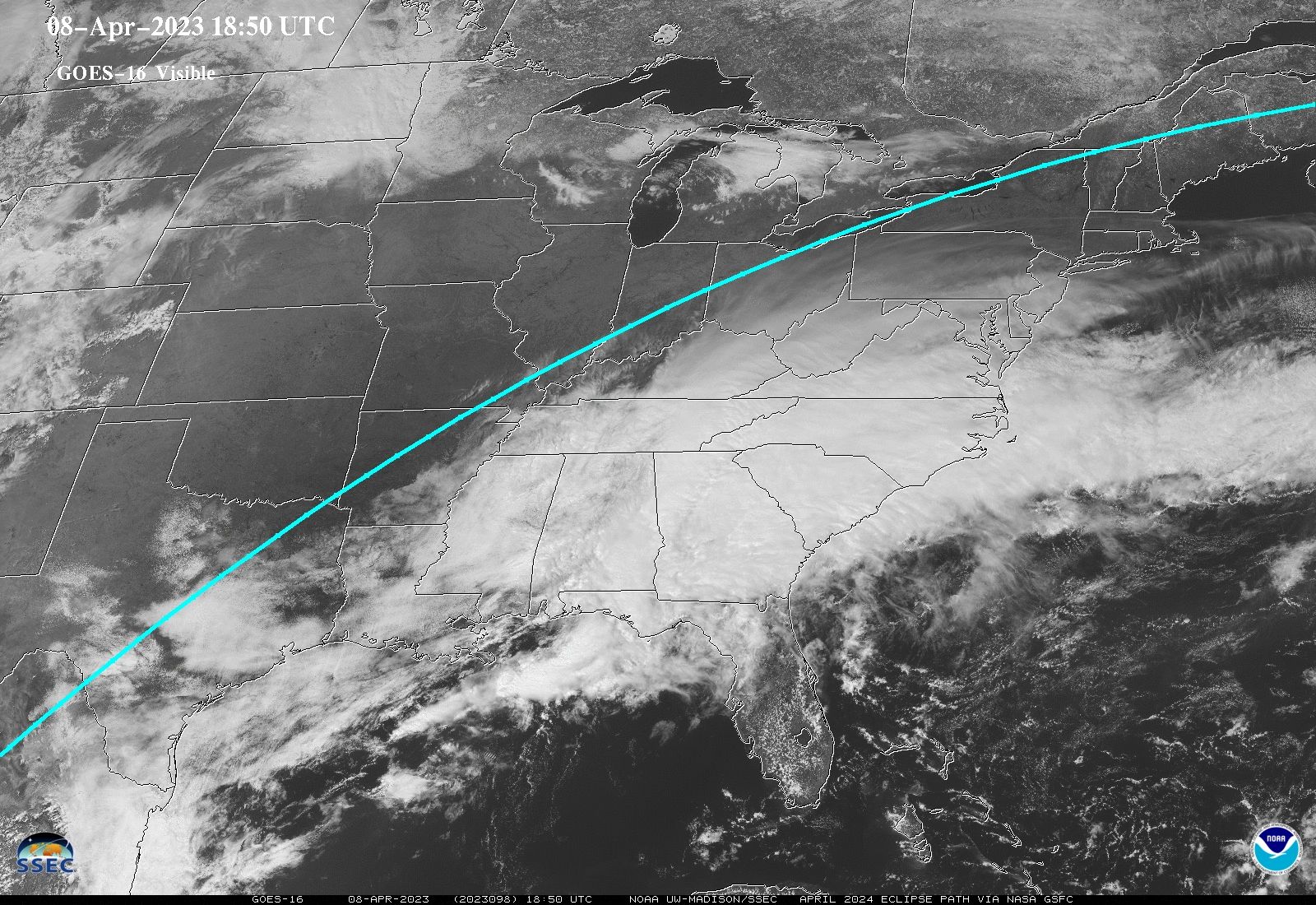 This is the satellite map from April 8, 2023, courtesy of NOAA. 2024's path of totality is in blue.