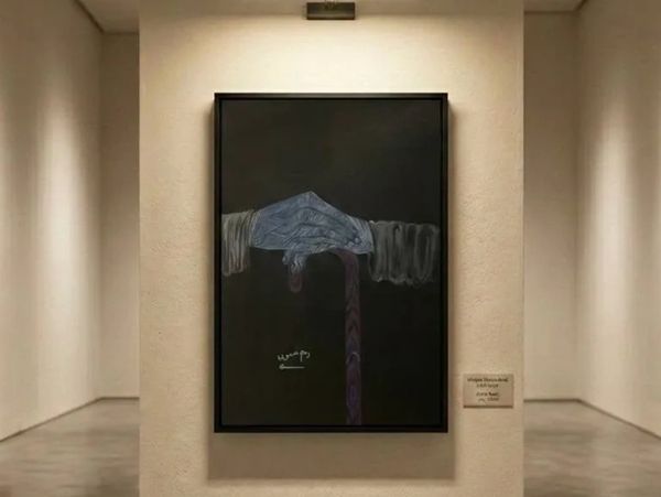 Painting of a hand gripping a cane.