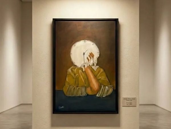 Painting of a person with a melting clock face.