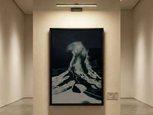 Painting of a wave resembling a mountain in a gallery.