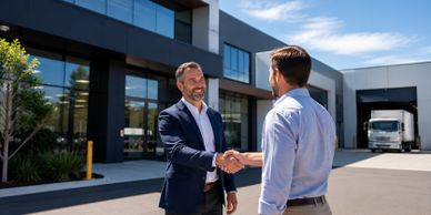 Two businessmen shaking hands outside a modern office building.