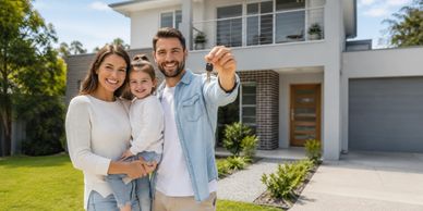 Happy family holding keys in front of their new home.