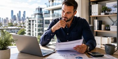 Man analyzing documents at his desk with a laptop in a modern office.