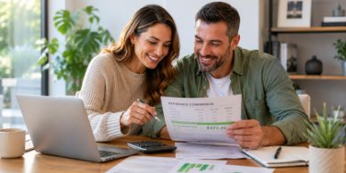 Couple reviewing finances together at home with a laptop and calculator.
