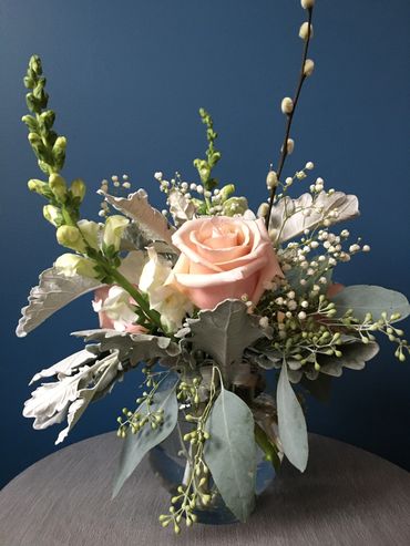 pale pink rose, snap dragon, dusty miller, pussy willow