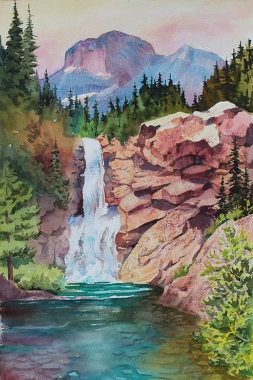 Glacier National Park art, Running Eagle Falls, watercolor art