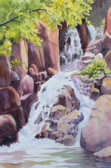 Watson Lake; Prescott, AZ; waterfall, Arizona art, watercolor art