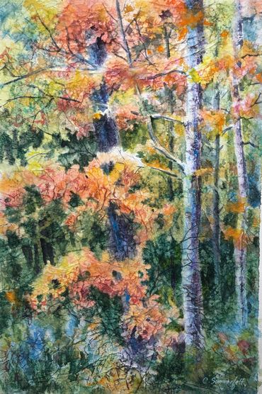 autumn landscape, trees, watercolor painting, watercolor on masa paper, textured watercolor
