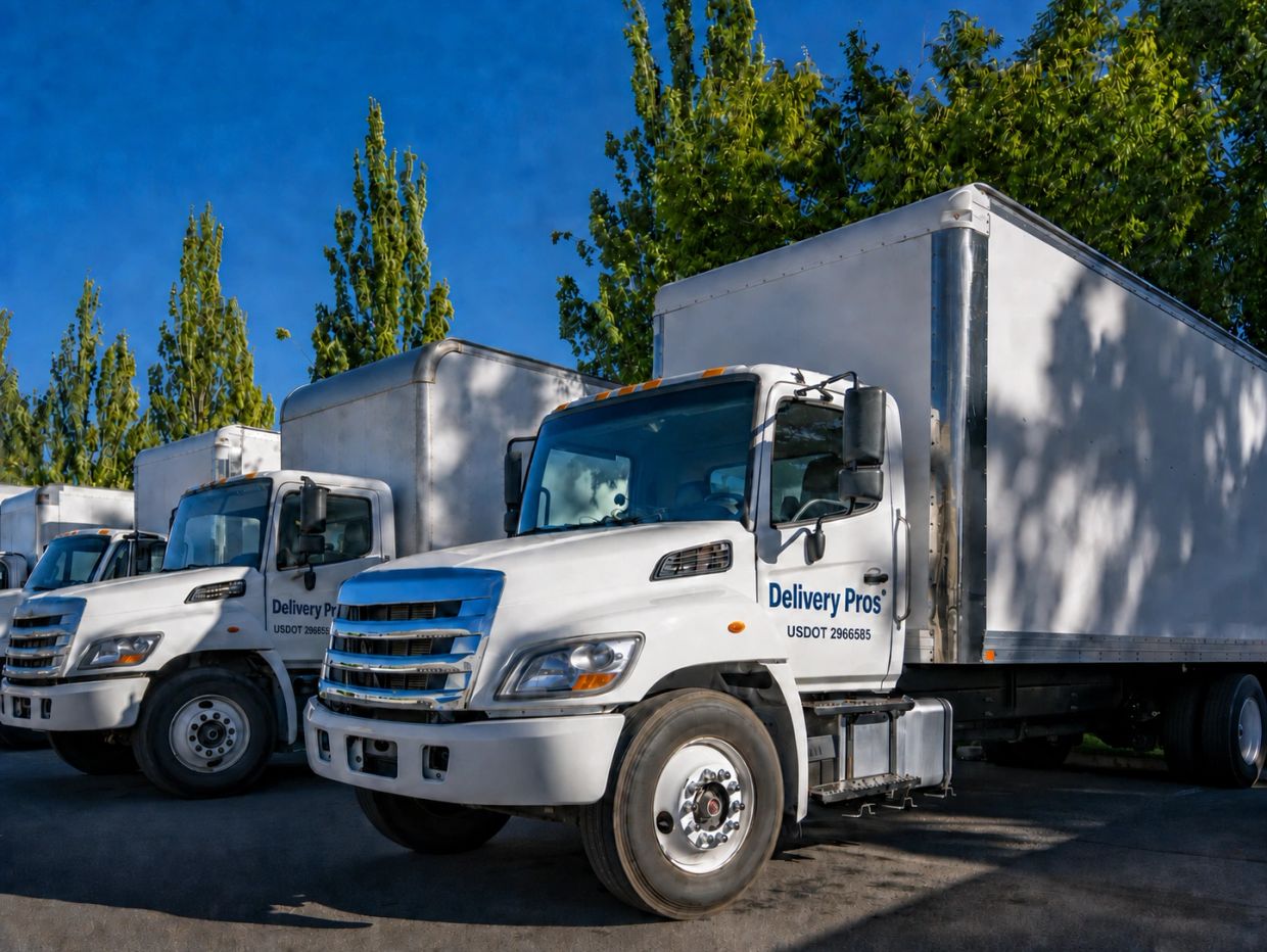 White Delivery Pros trucks parked in a lot.