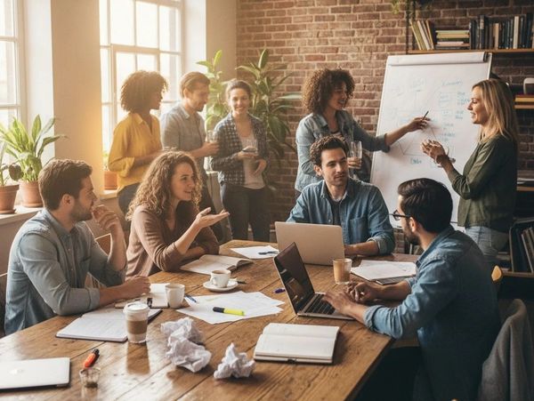 A diverse group collaborating in a bright, modern office with laptops and notes.