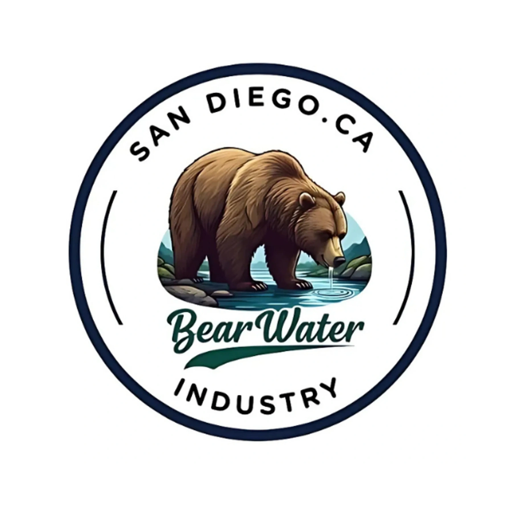 Logo of BearWater Industry featuring a bear drinking water in San Diego, CA.