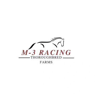Logo of M-3 Racing Thoroughbred Farms featuring a stylized horse head.