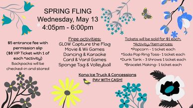 Spring Fling event on May 13 with games, dancing, and food for sale.