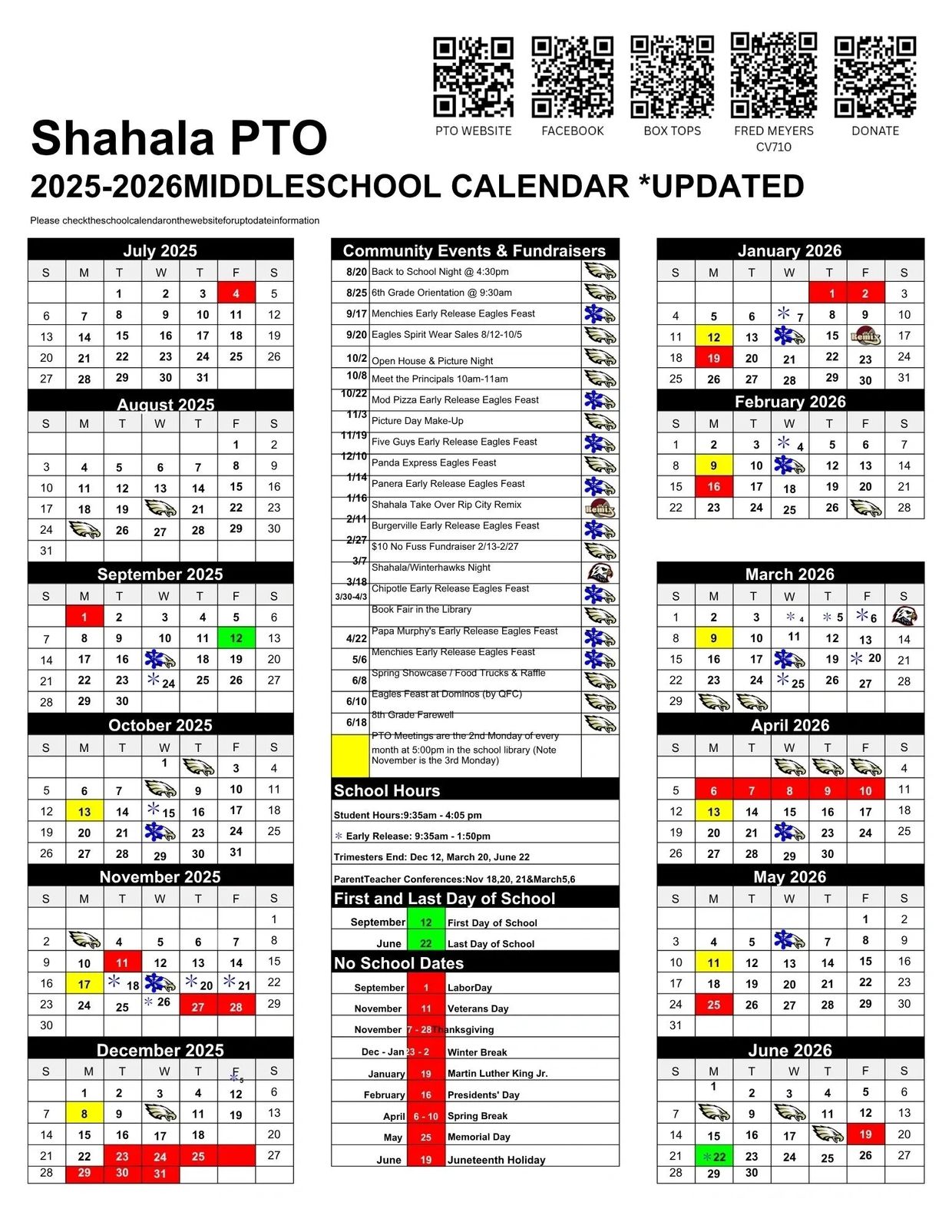 School calendar for 2025-2026 with color-coded events and early release days.