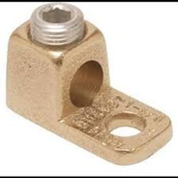 Brass electrical cable lug with mounting hole and threaded connector.