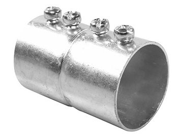 A metal pipe connector with four screws on top.