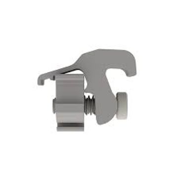 Gray mechanical clamp with a screw and lever mechanism.