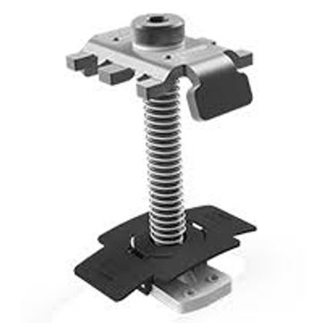 Adjustable metal screw jack with base and top plates for support.