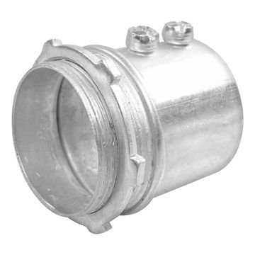 Metal conduit connector with screws for electrical wiring.