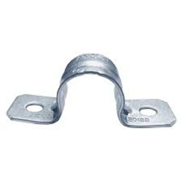 Metal conduit clamp with two screw holes for mounting.