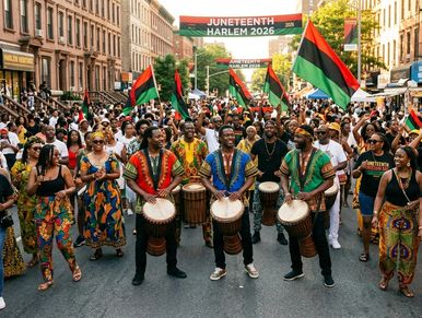 Drums, dashikis, and Pan-African flags fill the streets of Harlem as thousands gather to mark Junete