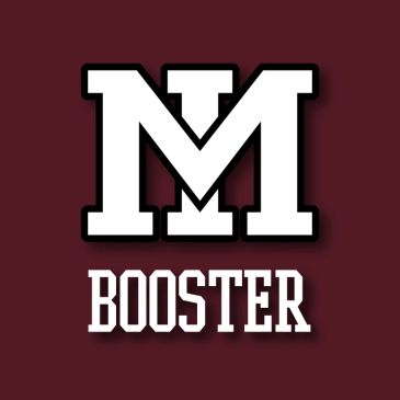 White letter M and word Booster on maroon background.