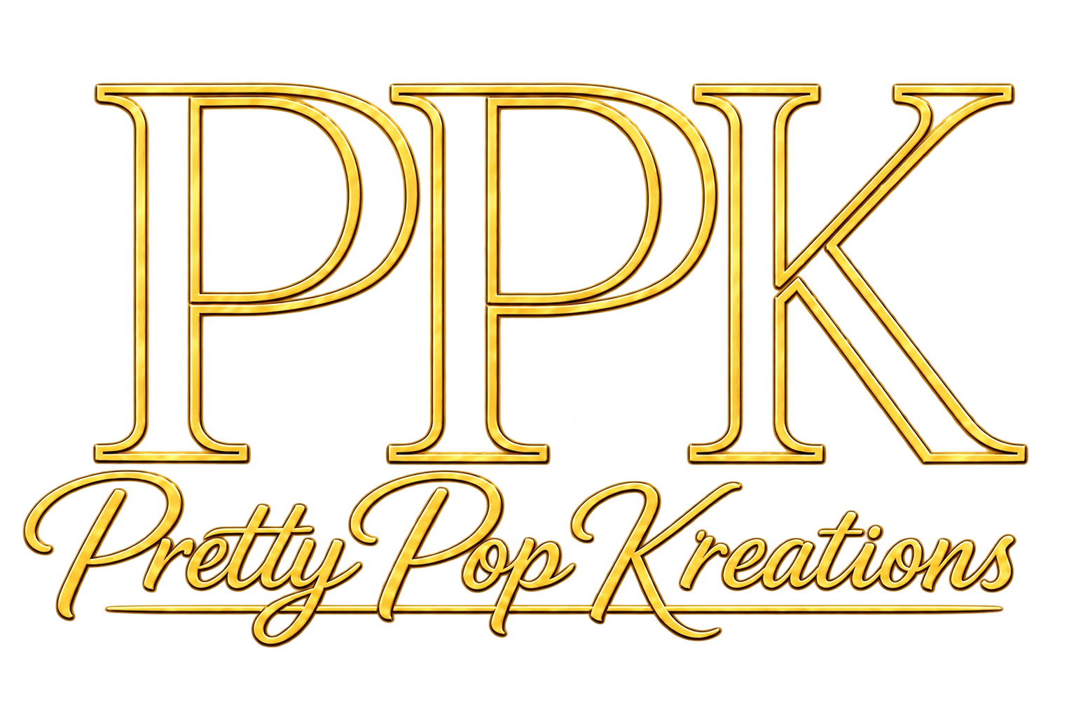 Golden text logo saying PPK Pretty Pop Kreations.