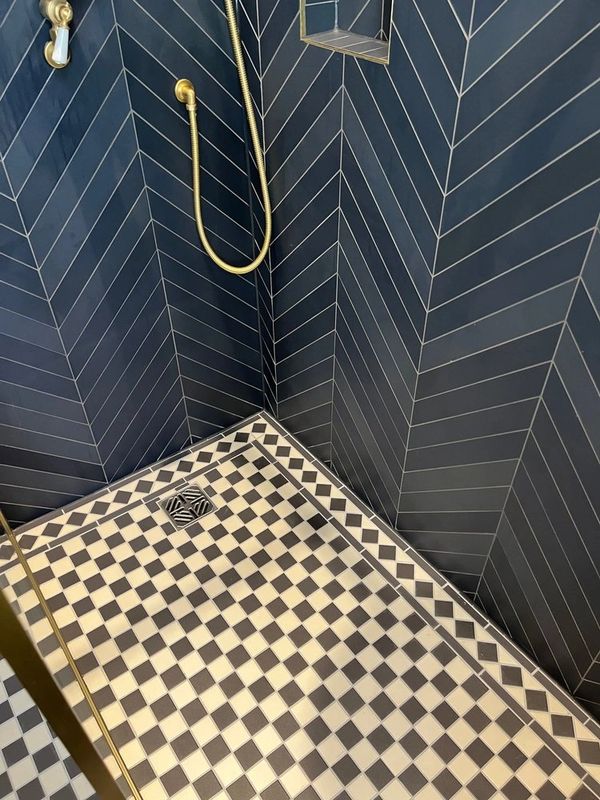 victorian tiles wet room design blue chevron tiled walls